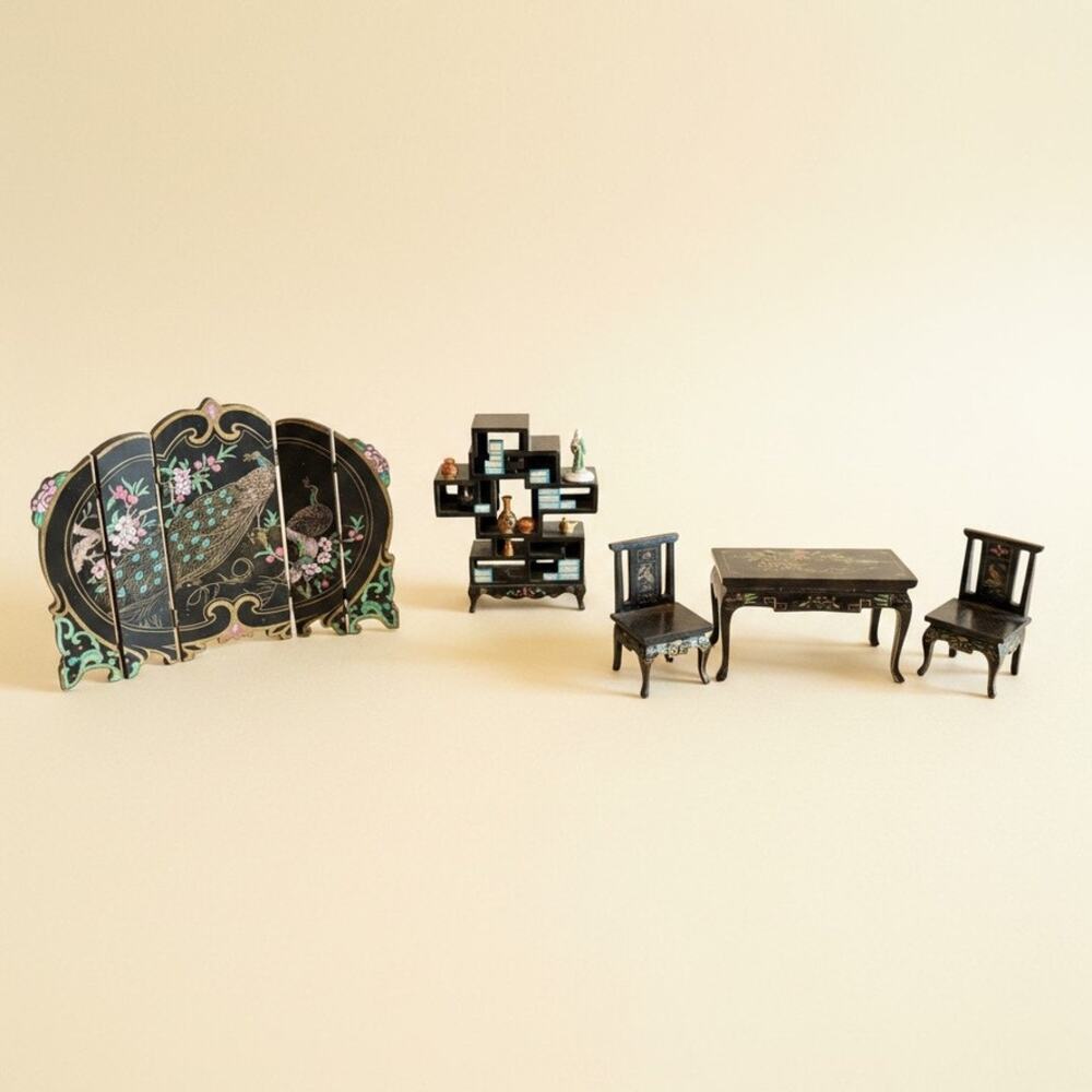 Vintage 1:12 Dollhouse Furniture Set-Chinese Black Lacquer-Hand Painted-Peacock
